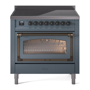ILVE Nostalgie II 36-Inch Induction Range with 6 Induction Elements, 3.5 cu. ft. Oven, Blue Grey with Burnished Trim, Triple Glass Door, UNI366NMPBGB