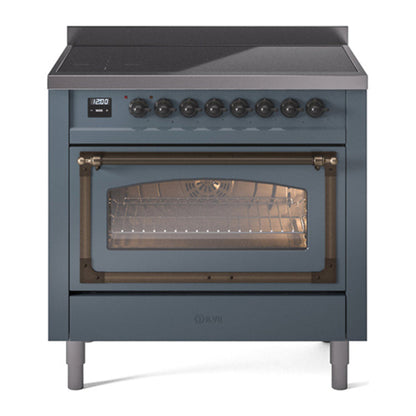ILVE Nostalgie II 36-Inch Induction Range with 6 Induction Elements, 3.5 cu. ft. Oven, Blue Grey with Burnished Trim, Triple Glass Door, UNI366NMPBGB