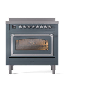 ILVE Nostalgie II 36-Inch Induction Range with 6 Induction Elements, 3.5 cu. ft. Oven, Blue Grey with Chrome Trim, Triple Glass Door, UNI366NMPBGC