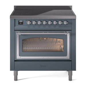 ILVE Nostalgie II 36-Inch Induction Range with 6 Induction Elements, 3.5 cu. ft. Oven, Blue Grey with Chrome Trim, Triple Glass Door, UNI366NMPBGC