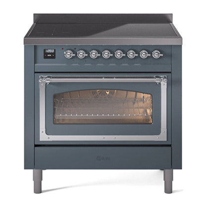 ILVE Nostalgie II 36-Inch Induction Range with 6 Induction Elements, 3.5 cu. ft. Oven, Blue Grey with Chrome Trim, Triple Glass Door, UNI366NMPBGC