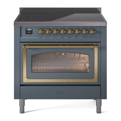 ILVE Nostalgie II 36-Inch Induction Range with 6 Induction Elements, 3.5 cu. ft. Oven, Blue Grey with Brass Trim, Triple Glass Door, UNI366NMPBGG