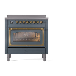 ILVE Nostalgie II 36-Inch Induction Range with 6 Induction Elements, 3.5 cu. ft. Oven, Blue Grey with Brass Trim, Triple Glass Door, UNI366NMPBGG