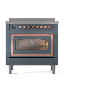 ILVE Nostalgie II 36-Inch Induction Range with 6 Induction Elements, 3.5 cu. ft. Oven, Blue Grey with Copper Trim, Triple Glass Door, UNI366NMPBGP