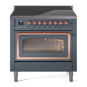 ILVE Nostalgie II 36-Inch Induction Range with 6 Induction Elements, 3.5 cu. ft. Oven, Blue Grey with Copper Trim, Triple Glass Door, UNI366NMPBGP