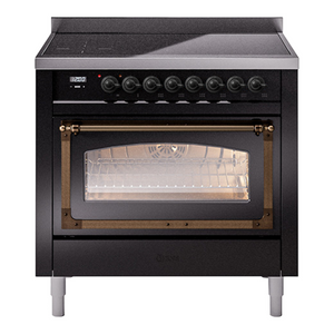 ILVE Nostalgie II 36-Inch Induction Range with 6 Induction Elements, 3.5 cu. ft. Oven, Glossy Black with Burnished Trim, Triple Glass Door, UNI366NMPBKB