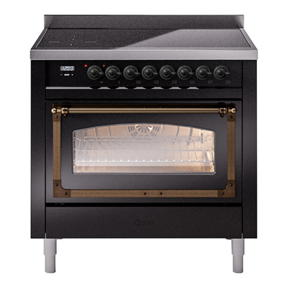 ILVE Nostalgie II 36-Inch Induction Range with 6 Induction Elements, 3.5 cu. ft. Oven, Glossy Black with Burnished Trim, Triple Glass Door, UNI366NMPBKB