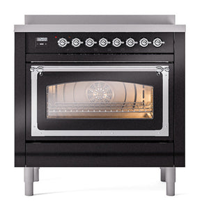 ILVE Nostalgie II 36-Inch Induction Range with 6 Induction Elements, 3.5 cu. ft. Oven, Glossy Black with Chrome Trim, Triple Glass Door, UNI366NMPBKC