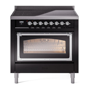 ILVE Nostalgie II 36-Inch Induction Range with 6 Induction Elements, 3.5 cu. ft. Oven, Glossy Black with Chrome Trim, Triple Glass Door, UNI366NMPBKC
