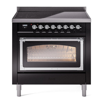 ILVE Nostalgie II 36-Inch Induction Range with 6 Induction Elements, 3.5 cu. ft. Oven, Glossy Black with Chrome Trim, Triple Glass Door, UNI366NMPBKC