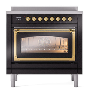 ILVE Nostalgie II 36-Inch Induction Range with 6 Induction Elements, 3.5 cu. ft. Oven, Glossy Black with Brass Trim, Triple Glass Door, UNI366NMPBKG