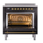 ILVE Nostalgie II 36-Inch Induction Range with 6 Induction Elements, 3.5 cu. ft. Oven, Glossy Black with Brass Trim, Triple Glass Door, UNI366NMPBKG