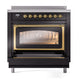 ILVE Nostalgie II 36-Inch Induction Range with 6 Induction Elements, 3.5 cu. ft. Oven, Glossy Black with Brass Trim, Triple Glass Door, UNI366NMPBKG