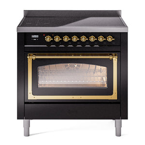 ILVE Nostalgie II 36-Inch Induction Range with 6 Induction Elements, 3.5 cu. ft. Oven, Glossy Black with Brass Trim, Triple Glass Door, UNI366NMPBKG