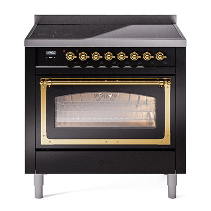 ILVE Nostalgie II 36-Inch Induction Range with 6 Induction Elements, 3.5 cu. ft. Oven, Glossy Black with Brass Trim, Triple Glass Door, UNI366NMPBKG