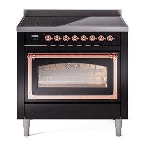 ILVE Nostalgie II 36-Inch Induction Range with 6 Induction Elements, 3.5 cu. ft. Oven, Glossy Black with Copper Trim, Triple Glass Door, UNI366NMPBKP