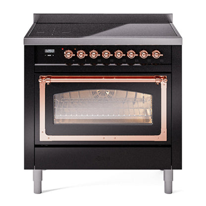 ILVE Nostalgie II 36-Inch Induction Range with 6 Induction Elements, 3.5 cu. ft. Oven, Glossy Black with Copper Trim, Triple Glass Door, UNI366NMPBKP