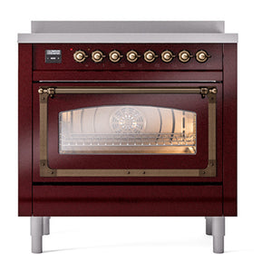 ILVE Nostalgie II 36-Inch Induction Range with 6 Induction Elements, 3.5 cu. ft. Oven, Burgundy with Burnished Trim, Triple Glass Door, UNI366NMPBUB