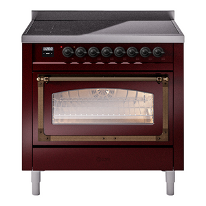ILVE Nostalgie II 36-Inch Induction Range with 6 Induction Elements, 3.5 cu. ft. Oven, Burgundy with Burnished Trim, Triple Glass Door, UNI366NMPBUB