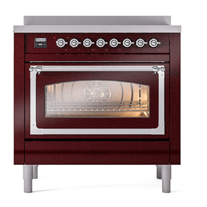 ILVE Nostalgie II 36-Inch Induction Range with 6 Induction Elements, 3.5 cu. ft. Oven, Burgundy with Chrome Trim, Triple Glass Door, UNI366NMPBUC