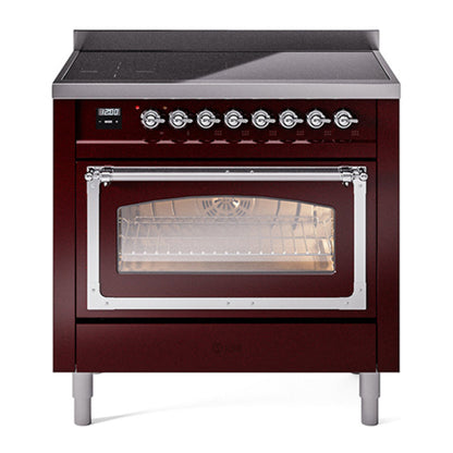 ILVE Nostalgie II 36-Inch Induction Range with 6 Induction Elements, 3.5 cu. ft. Oven, Burgundy with Chrome Trim, Triple Glass Door, UNI366NMPBUC