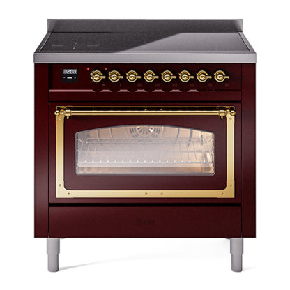 ILVE Nostalgie II 36-Inch Induction Range with 6 Induction Elements, 3.5 cu. ft. Oven, Burgundy with Brass Trim, Triple Glass Door, UNI366NMPBUG