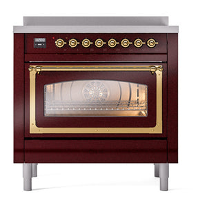 ILVE Nostalgie II 36-Inch Induction Range with 6 Induction Elements, 3.5 cu. ft. Oven, Burgundy with Brass Trim, Triple Glass Door, UNI366NMPBUG