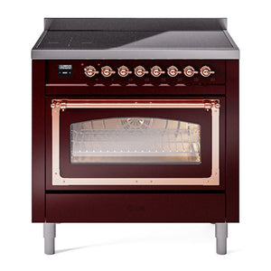 ILVE Nostalgie II 36-Inch Induction Range with 6 Induction Elements, 3.5 cu. ft. Oven, Burgundy with Copper Trim, Triple Glass Door, UNI366NMPBUP