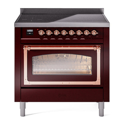 ILVE Nostalgie II 36-Inch Induction Range with 6 Induction Elements, 3.5 cu. ft. Oven, Burgundy with Copper Trim, Triple Glass Door, UNI366NMPBUP