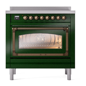ILVE Nostalgie II 36-Inch Induction Range with 6 Induction Elements, 3.5 cu. ft. Oven, Emerald Green with Burnished Trim, Triple Glass Door, UNI366NMPEGB