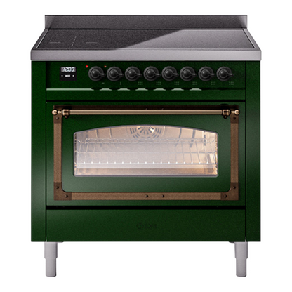 ILVE Nostalgie II 36-Inch Induction Range with 6 Induction Elements, 3.5 cu. ft. Oven, Emerald Green with Burnished Trim, Triple Glass Door, UNI366NMPEGB