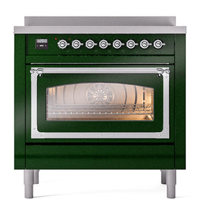 ILVE Nostalgie II 36-Inch Induction Range with 6 Induction Elements, 3.5 cu. ft. Oven, Emerald Green with Chrome Trim, Triple Glass Door, UNI366NMPEGC