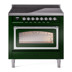 ILVE Nostalgie II 36-Inch Induction Range with 6 Induction Elements, 3.5 cu. ft. Oven, Emerald Green with Chrome Trim, Triple Glass Door, UNI366NMPEGC