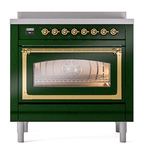 ILVE Nostalgie II 36-Inch Induction Range with 6 Induction Elements, 3.5 cu. ft. Oven, Emerald Green with Brass Trim, Triple Glass Door, UNI366NMPEGG