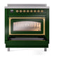 ILVE Nostalgie II 36-Inch Induction Range with 6 Induction Elements, 3.5 cu. ft. Oven, Emerald Green with Brass Trim, Triple Glass Door, UNI366NMPEGG