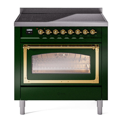 ILVE Nostalgie II 36-Inch Induction Range with 6 Induction Elements, 3.5 cu. ft. Oven, Emerald Green with Brass Trim, Triple Glass Door, UNI366NMPEGG