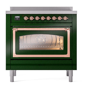 ILVE Nostalgie II 36-Inch Induction Range with 6 Induction Elements, 3.5 cu. ft. Oven, Emerald Green with Copper Trim, Triple Glass Door, UNI366NMPEGP