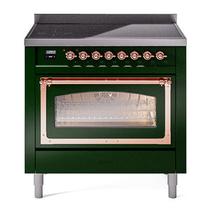 ILVE Nostalgie II 36-Inch Induction Range with 6 Induction Elements, 3.5 cu. ft. Oven, Emerald Green with Copper Trim, Triple Glass Door, UNI366NMPEGP
