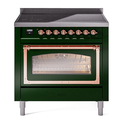 ILVE Nostalgie II 36-Inch Induction Range with 6 Induction Elements, 3.5 cu. ft. Oven, Emerald Green with Copper Trim, Triple Glass Door, UNI366NMPEGP