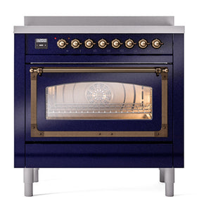 ILVE Nostalgie II 36-Inch Induction Range with 6 Induction Elements, 3.5 cu. ft. Oven, Midnight Blue with Burnished Trim, Triple Glass Door, UNI366NMPMBB