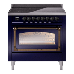 ILVE Nostalgie II 36-Inch Induction Range with 6 Induction Elements, 3.5 cu. ft. Oven, Midnight Blue with Burnished Trim, Triple Glass Door, UNI366NMPMBB