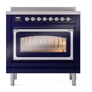 ILVE Nostalgie II 36-Inch Induction Range with 6 Induction Elements, 3.5 cu. ft. Oven, Midnight Blue with Chrome Trim, Triple Glass Door, UNI366NMPMBC