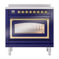 ILVE Nostalgie II 36-Inch Induction Range with 6 Induction Elements, 3.5 cu. ft. Oven, Midnight Blue with Brass Trim, Triple Glass Door, UNI366NMPMBG