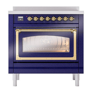 ILVE Nostalgie II 36-Inch Induction Range with 6 Induction Elements, 3.5 cu. ft. Oven, Midnight Blue with Brass Trim, Triple Glass Door, UNI366NMPMBG