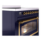 ILVE Nostalgie II 36-Inch Induction Range with 6 Induction Elements, 3.5 cu. ft. Oven, Midnight Blue with Brass Trim, Triple Glass Door, UNI366NMPMBG