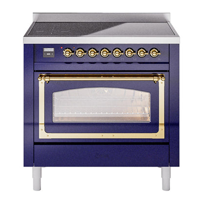 ILVE Nostalgie II 36-Inch Induction Range with 6 Induction Elements, 3.5 cu. ft. Oven, Midnight Blue with Brass Trim, Triple Glass Door, UNI366NMPMBG