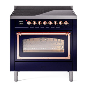 ILVE Nostalgie II 36-Inch Induction Range with 6 Induction Elements, 3.5 cu. ft. Oven, Midnight Blue with Copper Trim, Triple Glass Door, UNI366NMPMBP