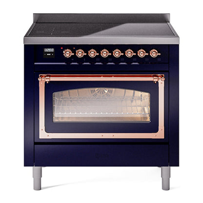 ILVE Nostalgie II 36-Inch Induction Range with 6 Induction Elements, 3.5 cu. ft. Oven, Midnight Blue with Copper Trim, Triple Glass Door, UNI366NMPMBP