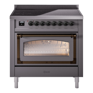 ILVE Nostalgie II 36-Inch Induction Range with 6 Induction Elements, 3.5 cu. ft. Oven, Graphite Matte with Burnished Trim, Triple Glass Door, UNI366NMPMGB
