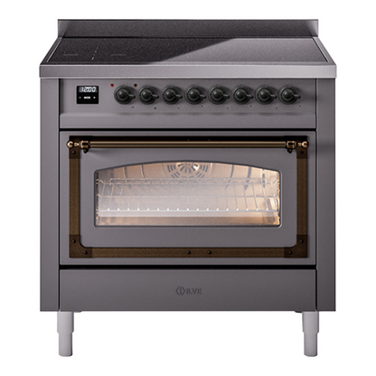 ILVE Nostalgie II 36-Inch Induction Range with 6 Induction Elements, 3.5 cu. ft. Oven, Graphite Matte with Burnished Trim, Triple Glass Door, UNI366NMPMGB